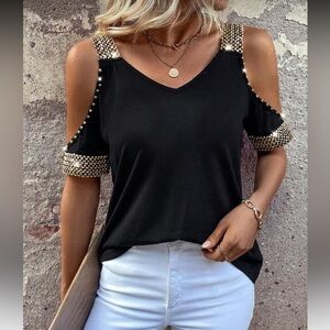 Stylish Black and Gold Cold Shoulder Blouse